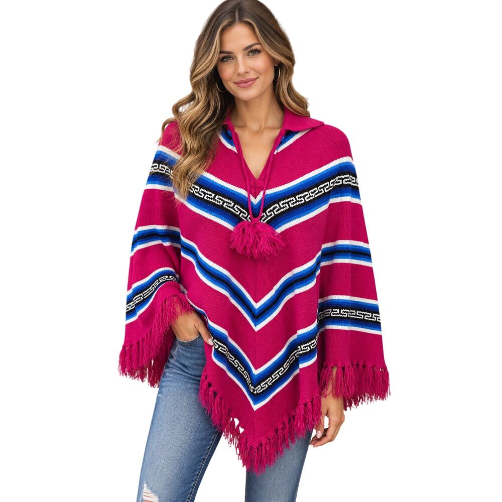 Pink Southwestern Poncho Sweater Fringe Tassel Boho Western Knit Top fuschia